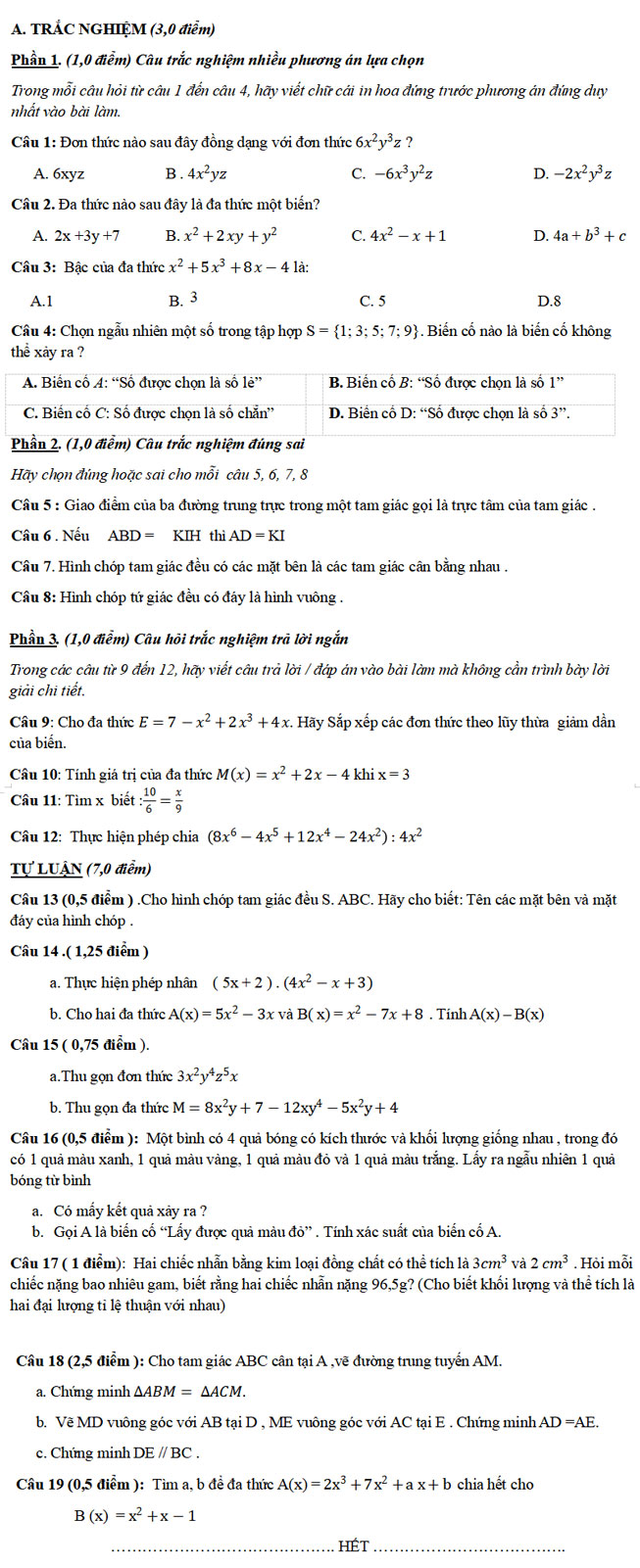 Đề kiểm tra Toán 8 đầu năm 2025 – 2026 trường THCS Lý Thường Kiệt – TP HCM