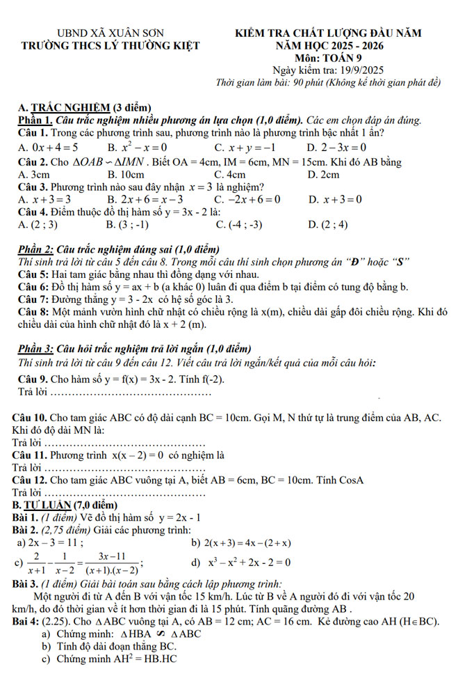 Đề khảo sát Toán 9 đầu năm 2025 – 2026 trường THCS Lý Thường Kiệt – Hà Nội