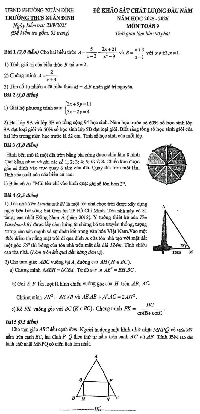 Đề khảo sát chất lượng đầu năm Toán 9 Trường THCS Xuân Đỉnh năm 2025-2026