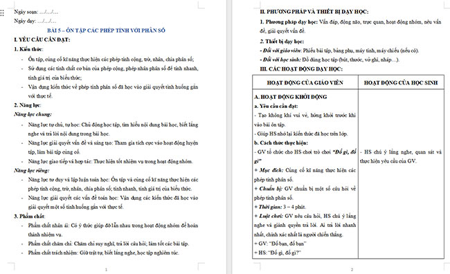Giáo án dạy thêm Toán 5 Bài 5: Ôn tập các phép tính với phân số