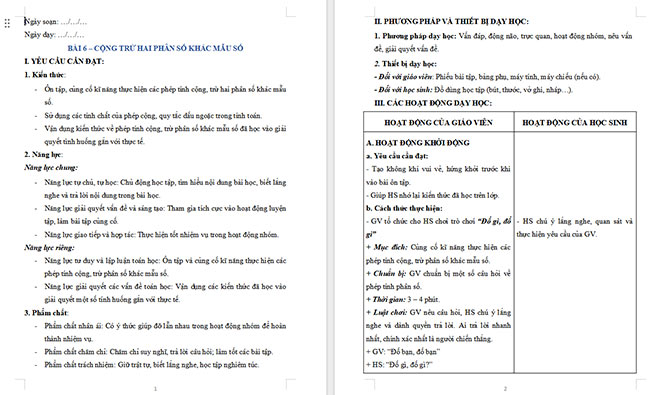 Giáo án dạy thêm Toán 5 Bài 6: Cộng, trừ hai phân số khác mẫu số