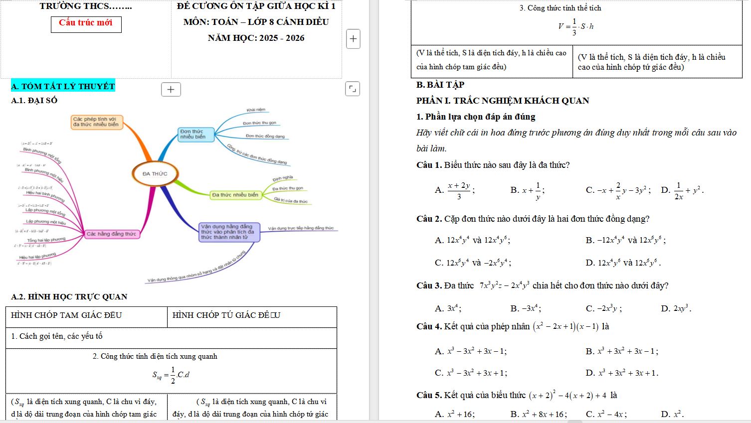 Đề cương môn Toán ôn tập giữa kì 1 lớp 8 sách Cánh diều