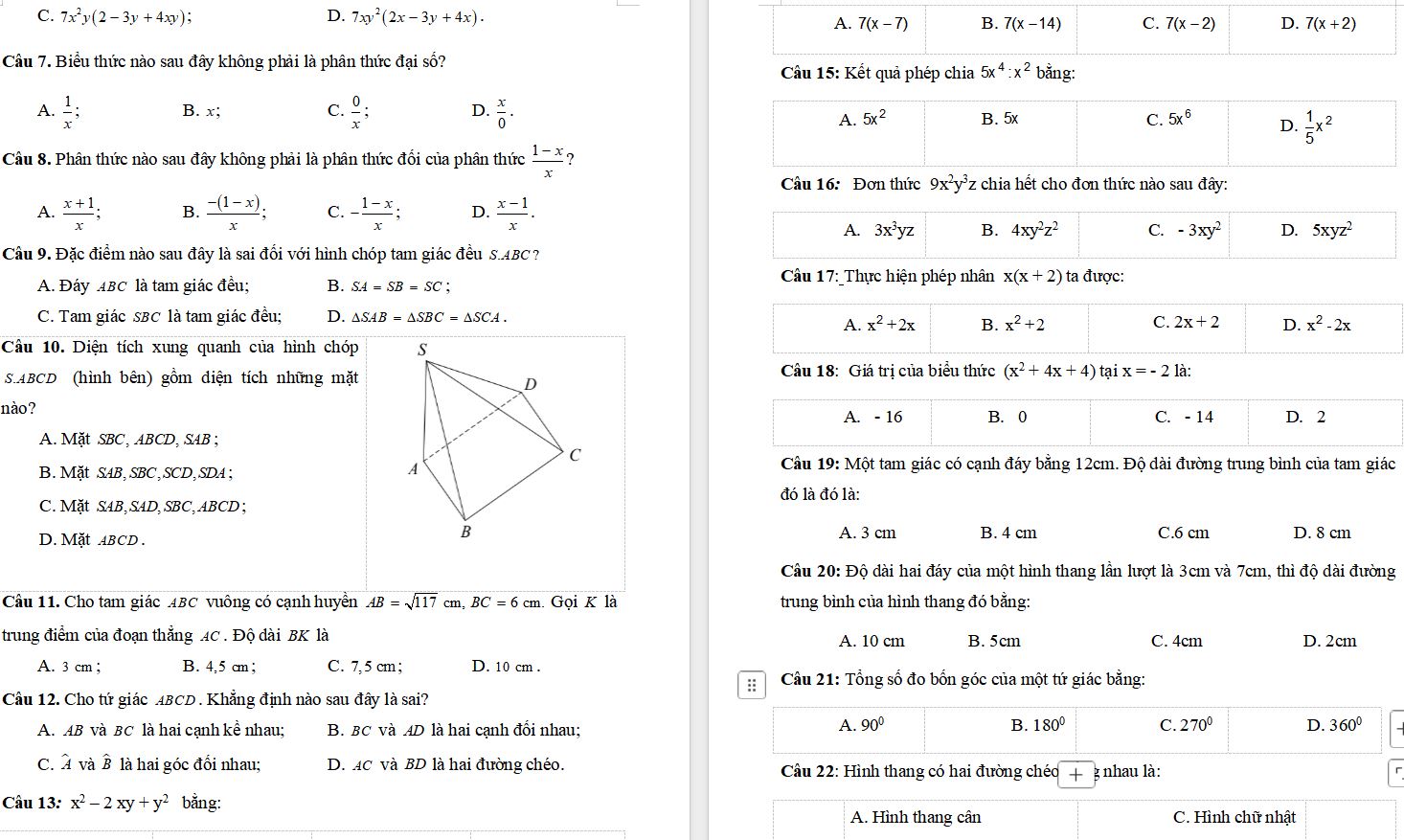 Đề cương môn Toán ôn tập giữa kì 1 lớp 8 sách Cánh diều