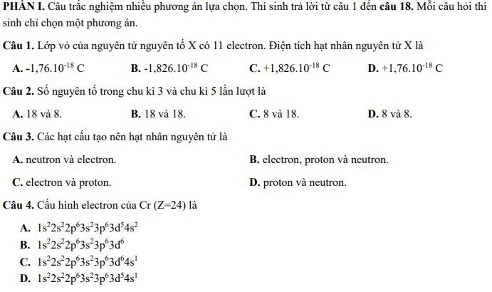 Đề thi giữa học kì 1 Hóa 10 Chân trời sáng tạo