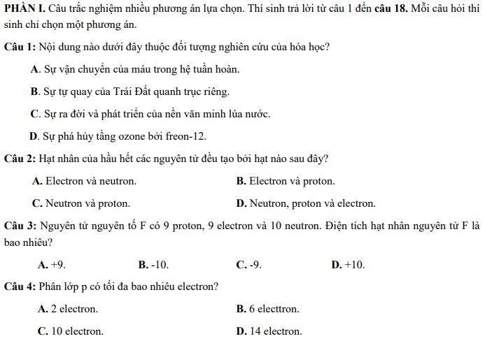 Đề thi giữa học kì 1 Hóa 10 Chân trời sáng tạo