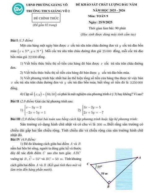 Đề khảo sát Toán 9 đầu năm 2025 – 2026 trường THCS Giảng Võ 2 – Hà Nội