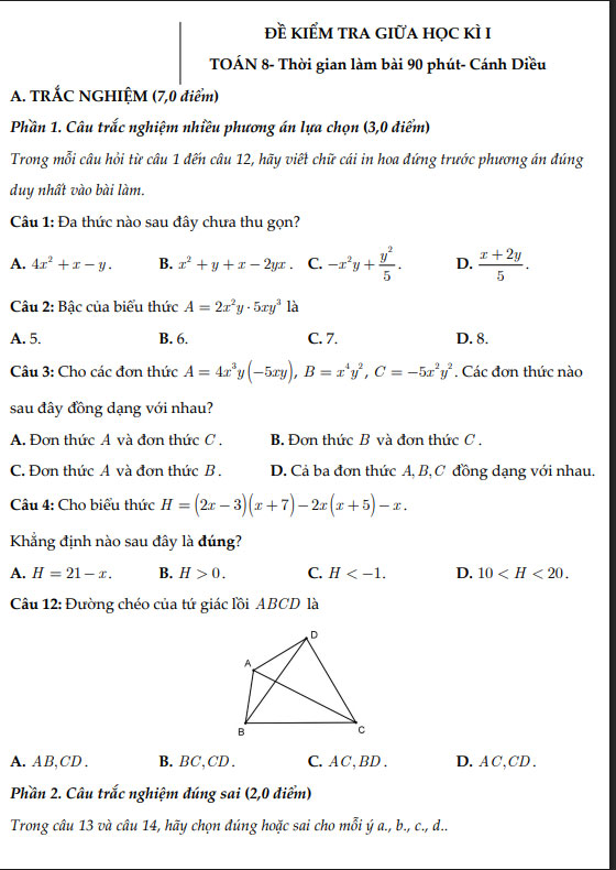 Đề thi giữa học kì I Toán 8 Cánh diều cấu trúc mới số 3