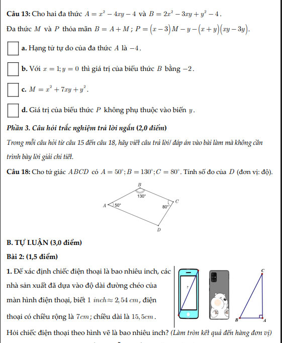 Đề thi giữa học kì I Toán 8 Cánh diều cấu trúc mới số 3