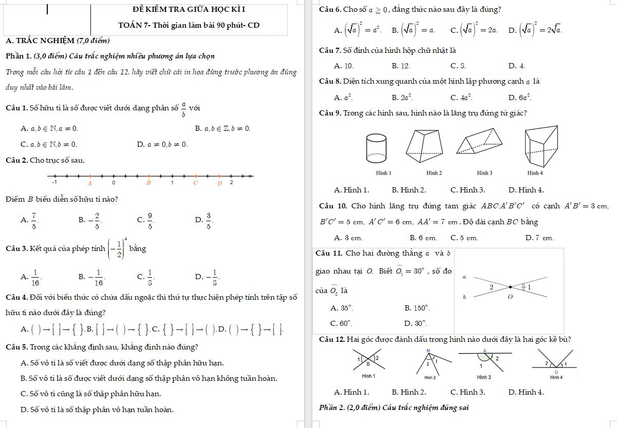 Đề kiểm tra giữa học kì 1 Toán 7 CD - đề 3