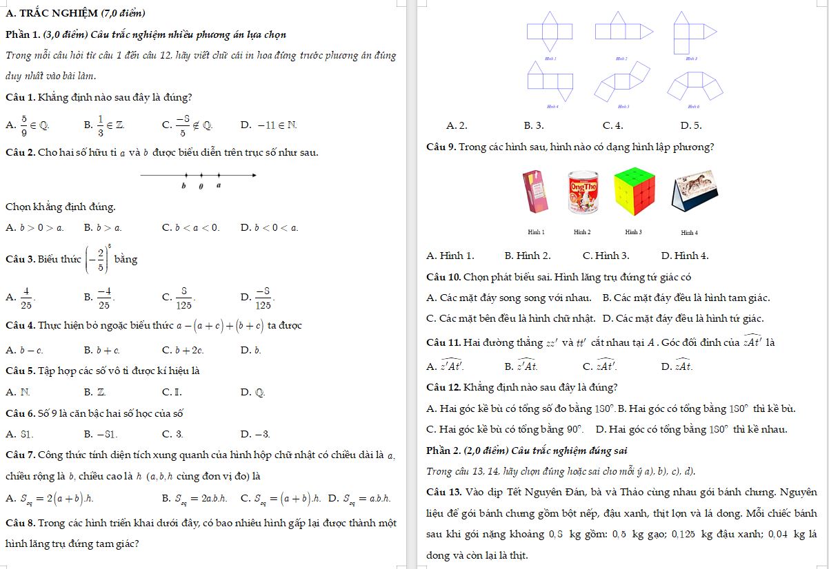Đề thi giữa học kì I Toán 7 Cánh diều cấu trúc trắc nghiệm mới - đề 4 
