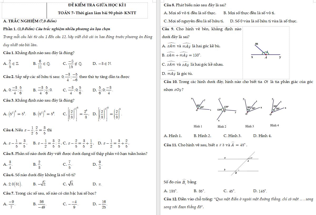 Đề thi giữa kì 1 Toán 7 Kết nối tri thức - Đề 1