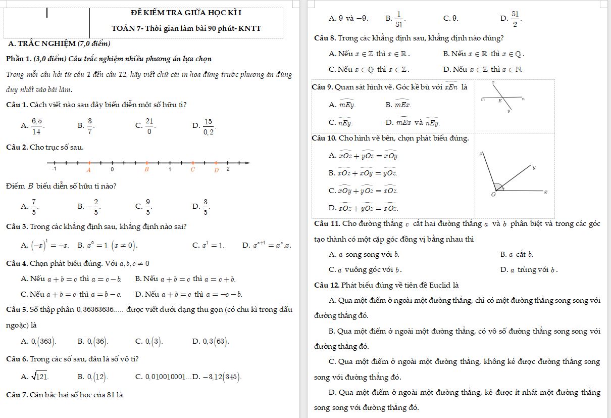 Đề thi giữa học kì I Toán 7 KNTT - đề 5