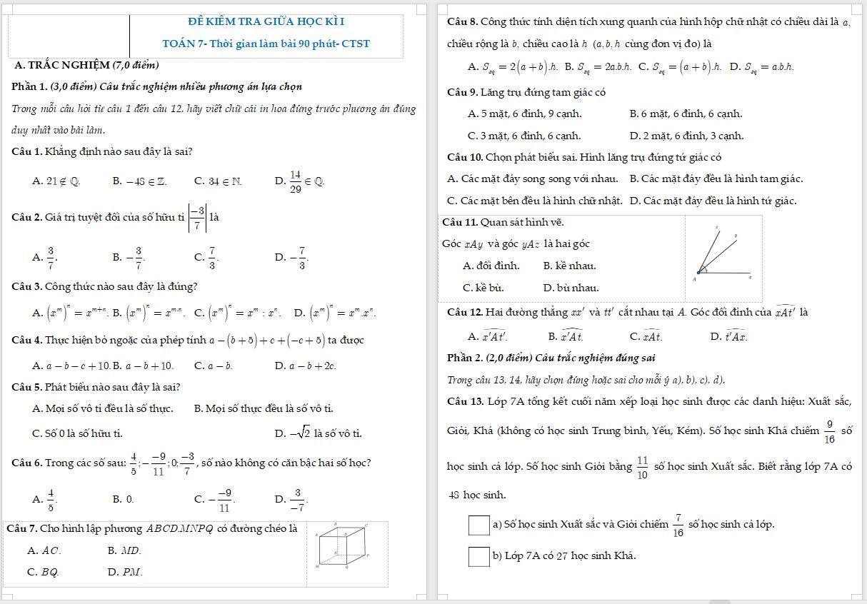 Đề kiểm tra giữa kì 1 Toán 7 Chân trời sáng tạo - Đề 1
