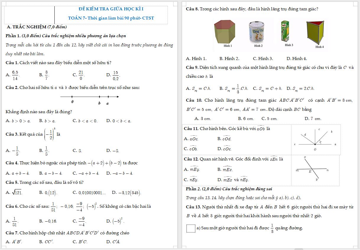 Đề kiểm tra giữa kì 1 Toán 7 Chân trời sáng tạo năm 2026 - Đề 2