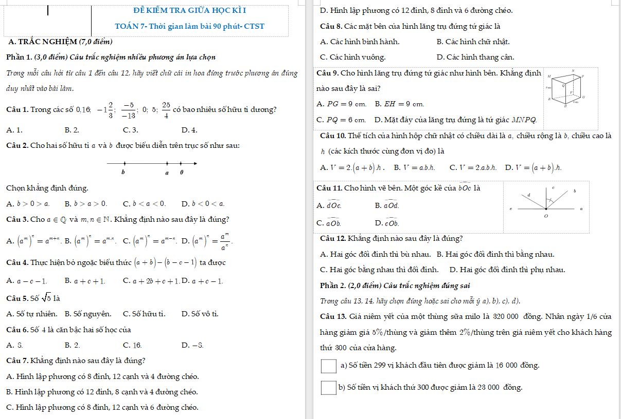 Đề thi giữa học kì I Toán 7 CTST cấu trúc mới năm 2025-2026