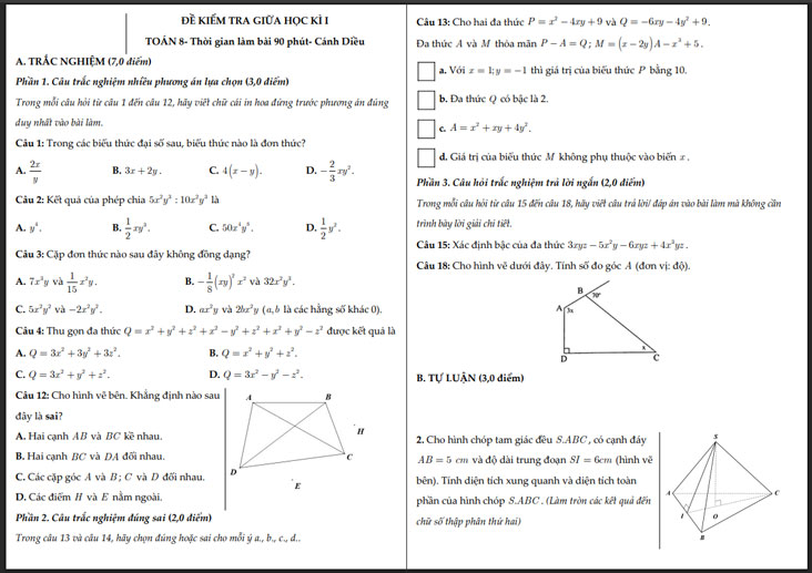 Đề thi giữa học kì I Toán 8 Cánh diều cấu trúc mới năm 2025-2026