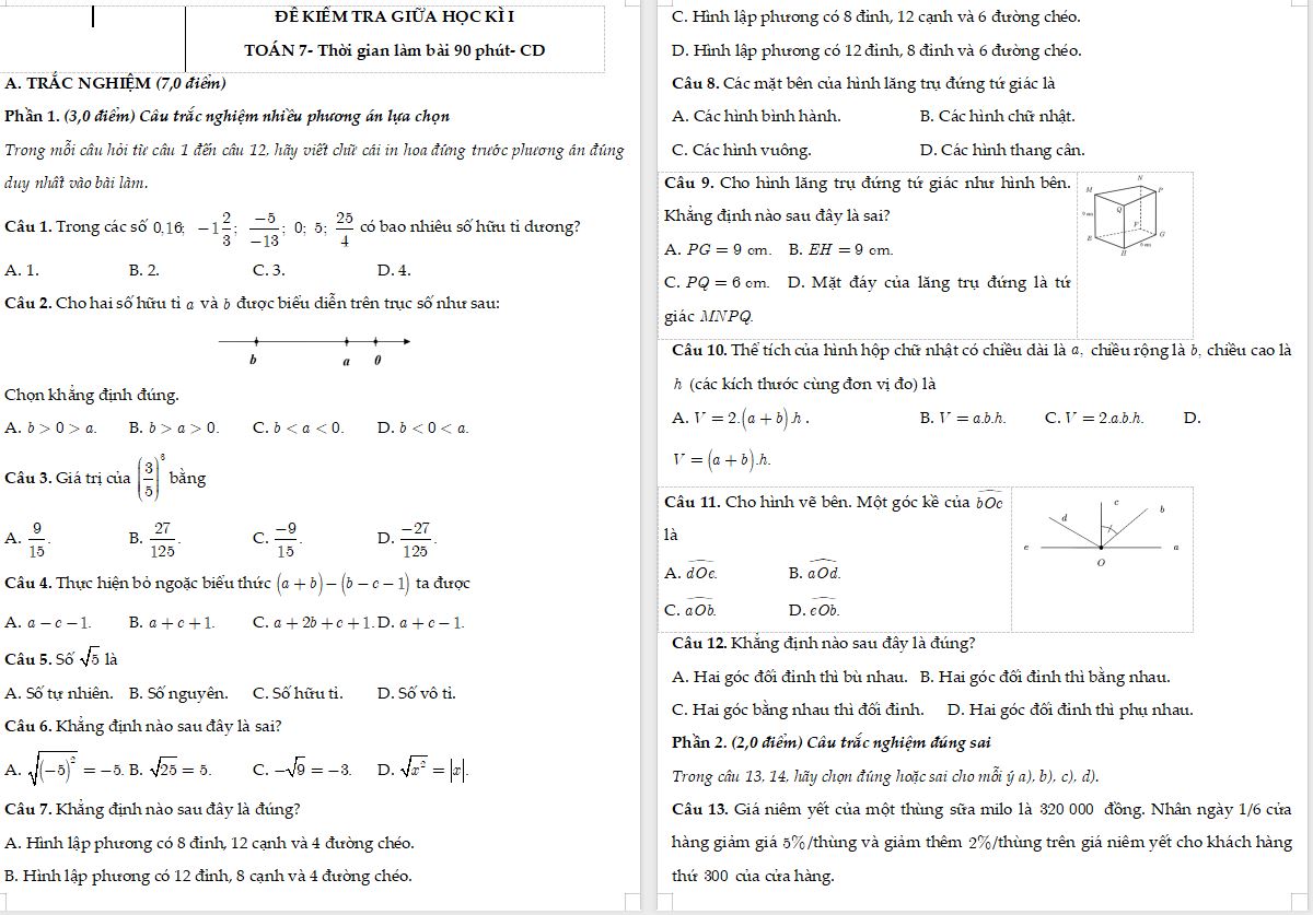 Đề kiểm tra giữa kì 1 Toán 7 Cánh diều có đáp án