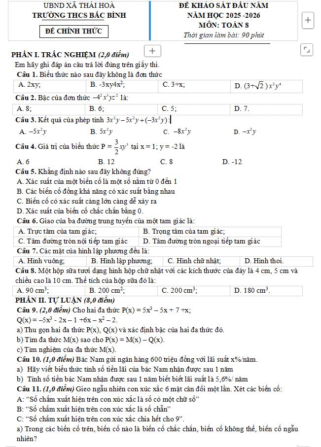 Đề kiểm tra chất lượng Toán 8 năm 2025 – 2026 trường THCS Bắc Bình