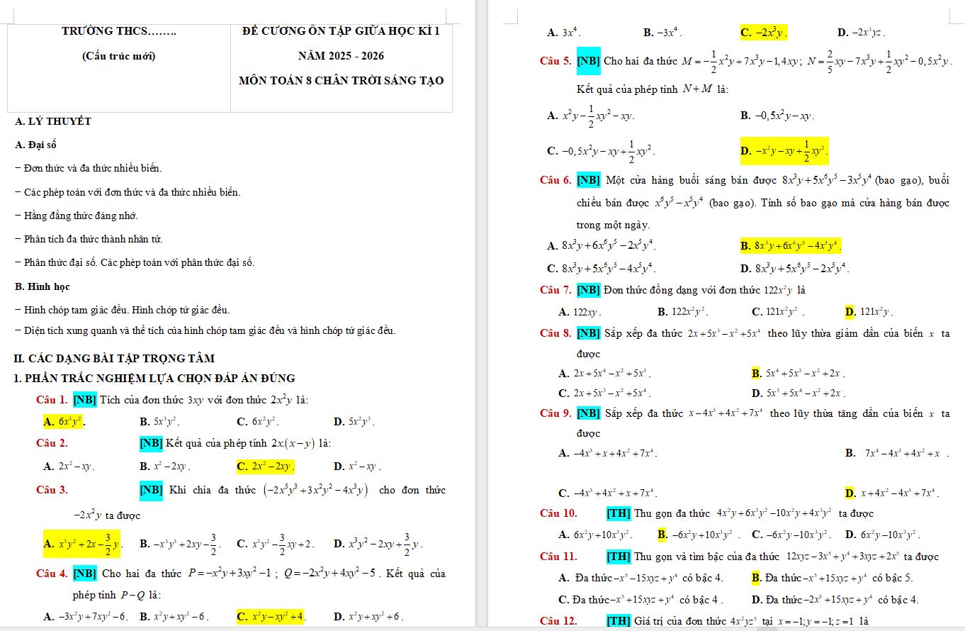 Đề cương ôn tập giữa kì 1 Toán 8 CTST cấu trúc mới