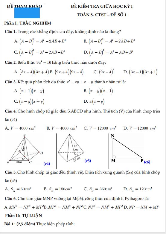 Đề thi giữa học kì I Toán 8 CTST cấu trúc mới năm 2025-2026