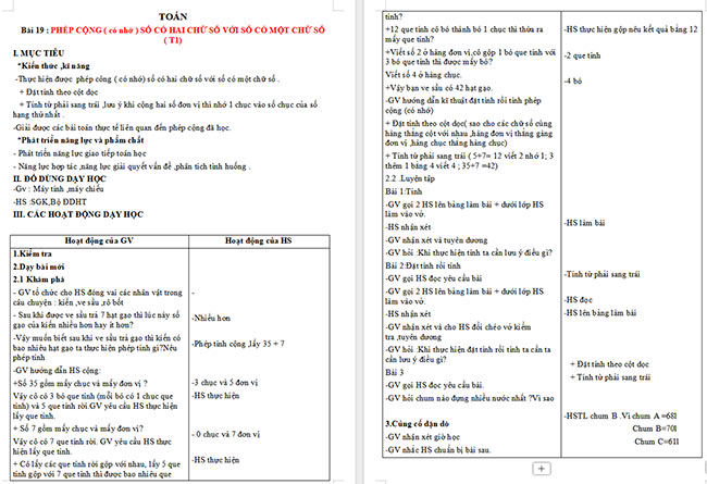 Giáo án Toán 2 Bài 19