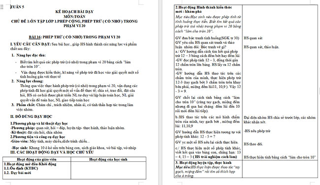 Giáo án Toán 2: Phép trừ (có nhớ) trong phạm vi 20