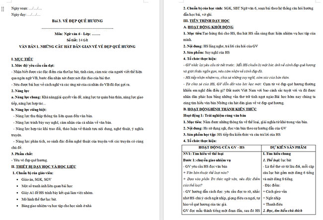 Giáo án Văn 6 Bài 3: Những câu hát dân gian về vẻ đẹp quê hương