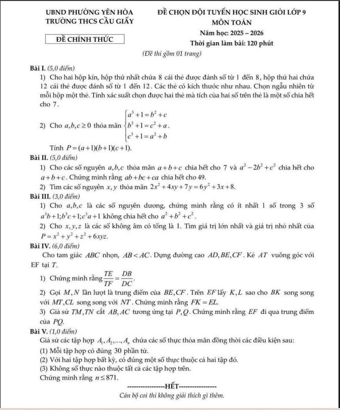 Đề chọn đội tuyển HSG Toán 9 năm 2025 – 2026 trường THCS Cầu Giấy – Hà Nội