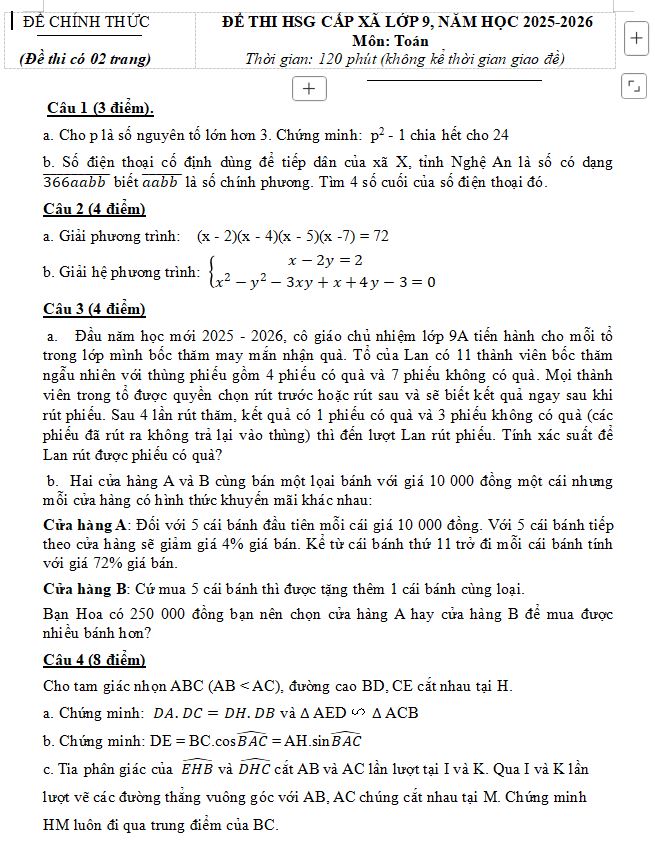 Đề thi HSG Toán 9 xã Yên Thành – Nghệ An