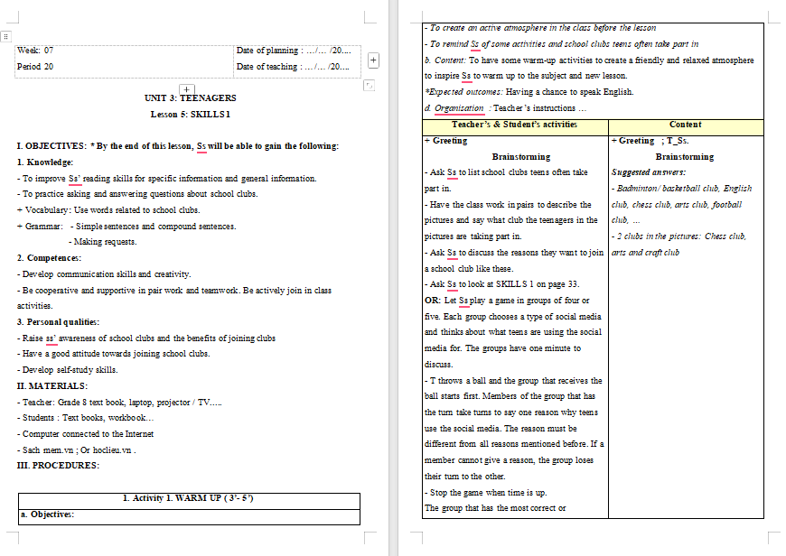 Giáo án PowerPoint Tiếng Anh 8 Unit 3: Skills 1