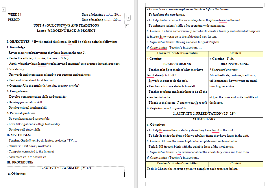 Giáo án PowerPoint Tiếng Anh 8 Unit 5: Looking Back