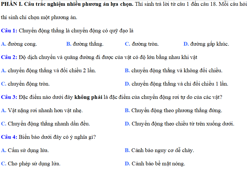 Đề thi giữa học kì 1 lớp 10 môn Lí