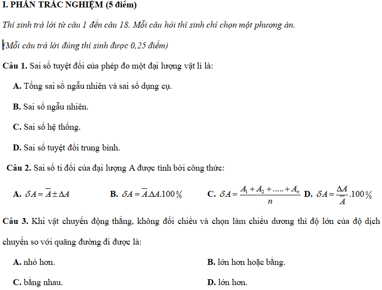 Đề thi Giữa học kì 1 môn Vật lý lớp 10