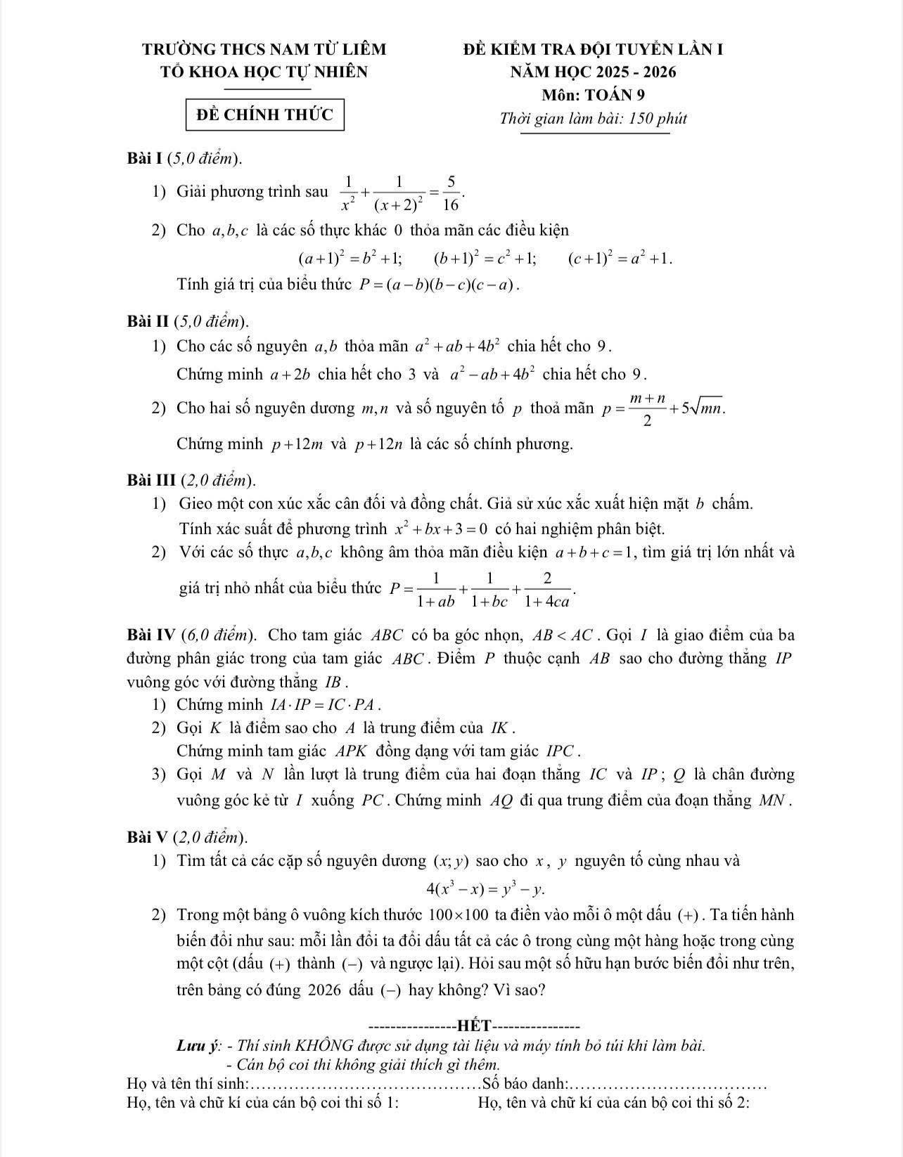 Đề kiểm tra đội tuyển Toán 9 trường THCS Nam Từ Liêm