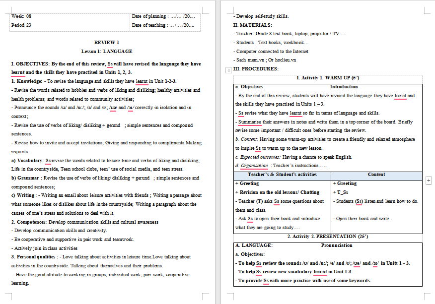 Giáo án PowerPoint Tiếng Anh 8 Review 1: Language