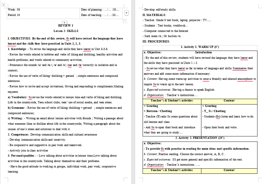 Giáo án PowerPoint Tiếng Anh 8 Review 1: Skills