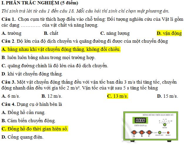 Đề thi Giữa học kì 1 môn Vật lý lớp 10