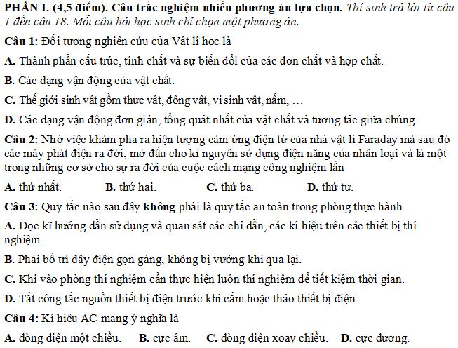 Đề thi Giữa học kì 1 môn Vật lý lớp 10