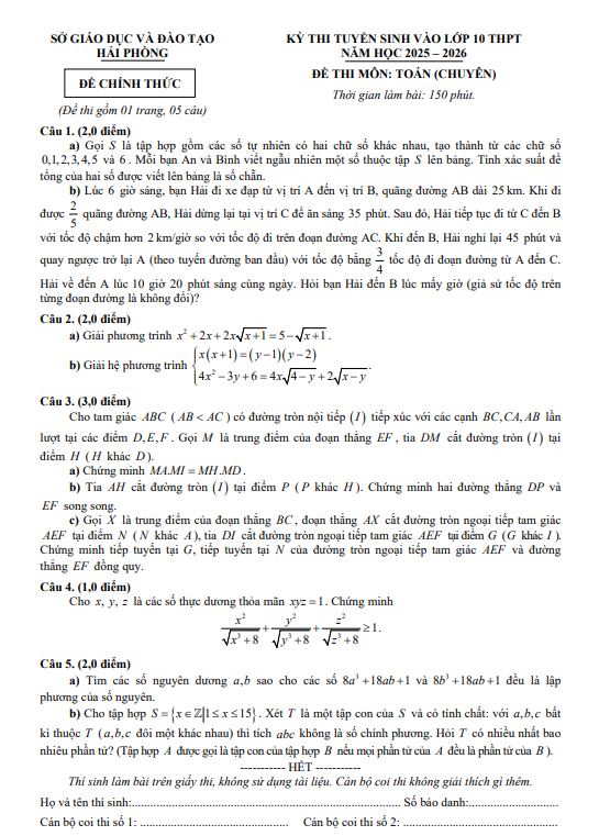 Đề thi vào 10 môn Toán (chuyên) Hải Phòng 2025