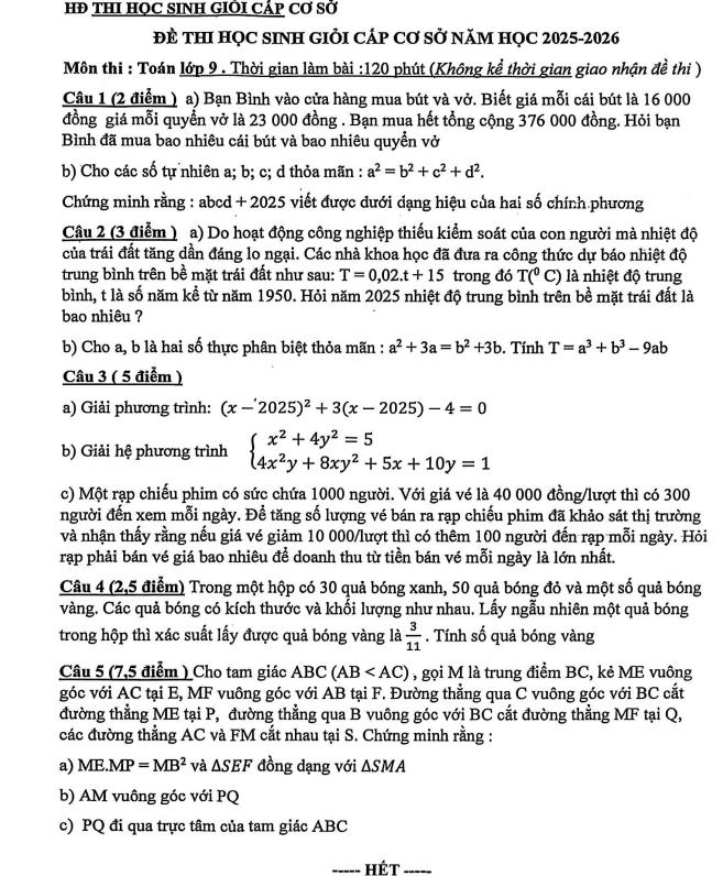 Đề thi HSG Toán 9 xã Đô Lương – Nghệ An năm 2025 – 2026