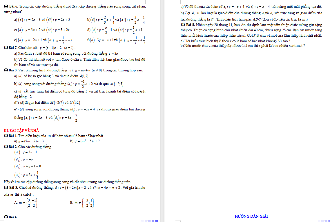 Hàm số y = ax + b (a ≠ 0). Đồ thị hàm của số y = ax + b (a ≠ 0)