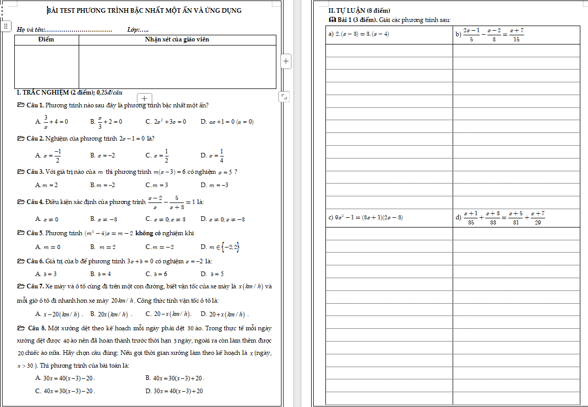 Bài kiểm tra phương trình bậc nhất một ẩn và ứng dụng