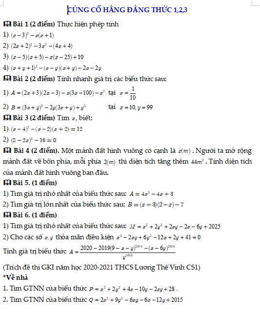 Củng cố hằng đẳng thức 1 – 2 – 3