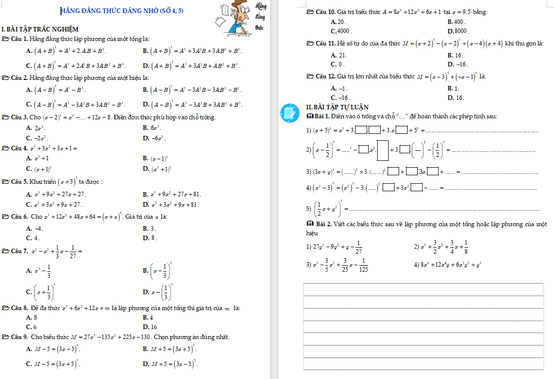Phiếu bài tập Toán 8: Hằng đẳng thức đáng nhớ (số 4 – 5)