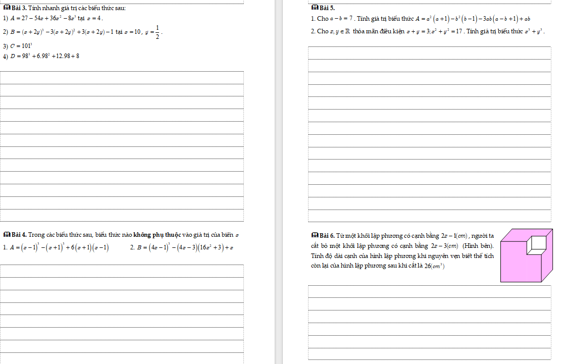 Phiếu bài tập Toán 8: Hằng đẳng thức đáng nhớ (số 4 – 5)