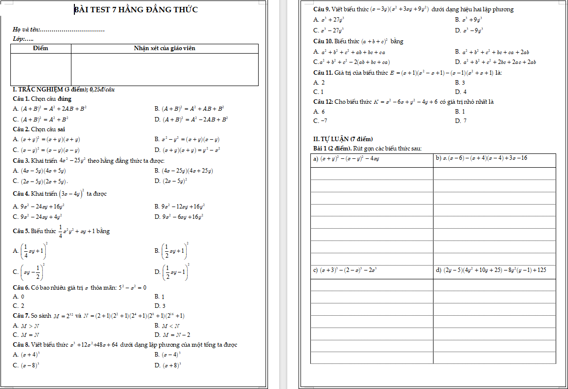 Bài kiểm tra 7 hằng đẳng thức
