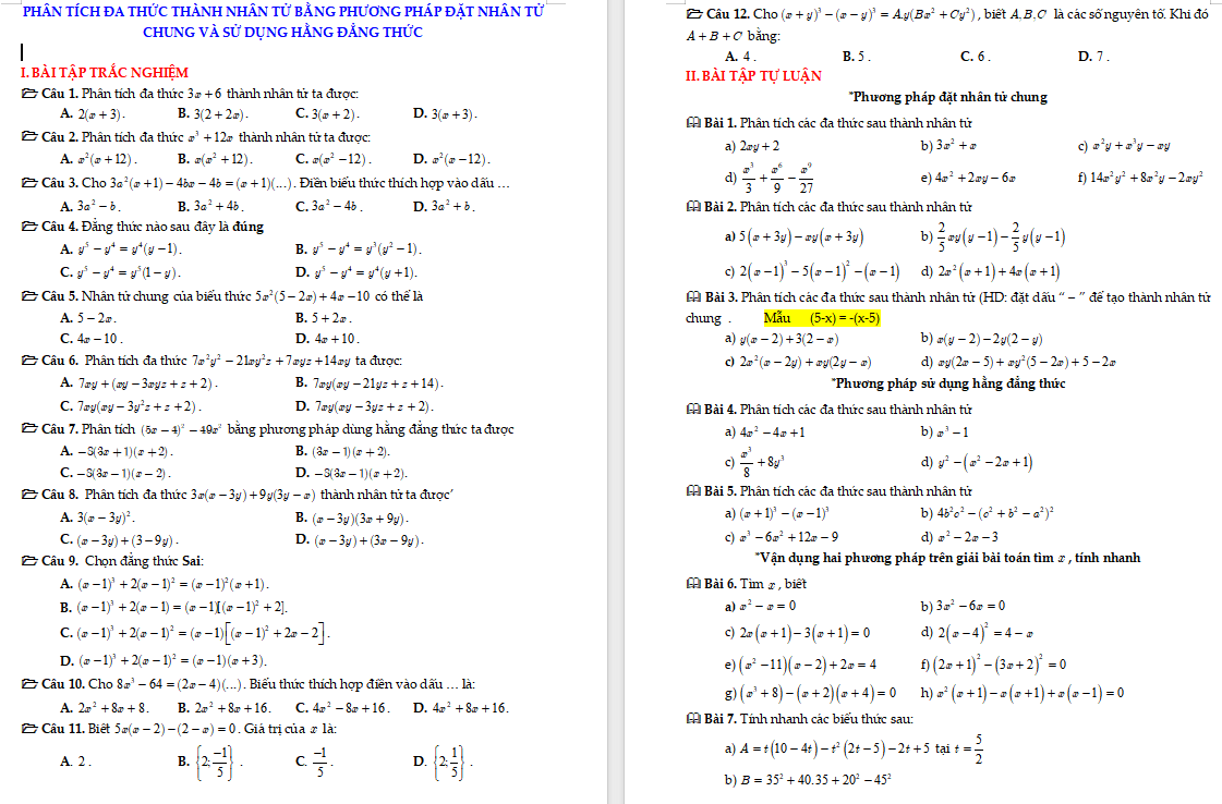 Phân tích đa thức thành nhân tử bằng phương pháp đặt nhân tử chung và sử dụng hằng đẳng thức