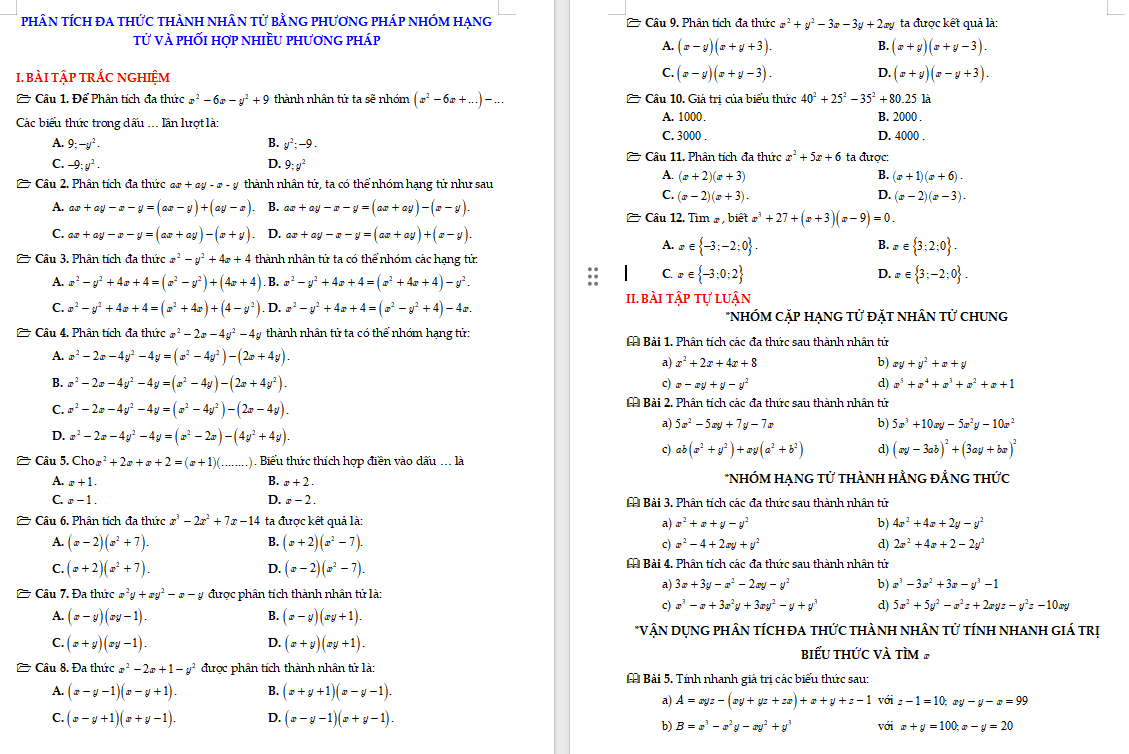 Phân tích đa thức thành nhân tử bằng phương pháp nhóm hạng tử và phối hợp nhiều phương pháp