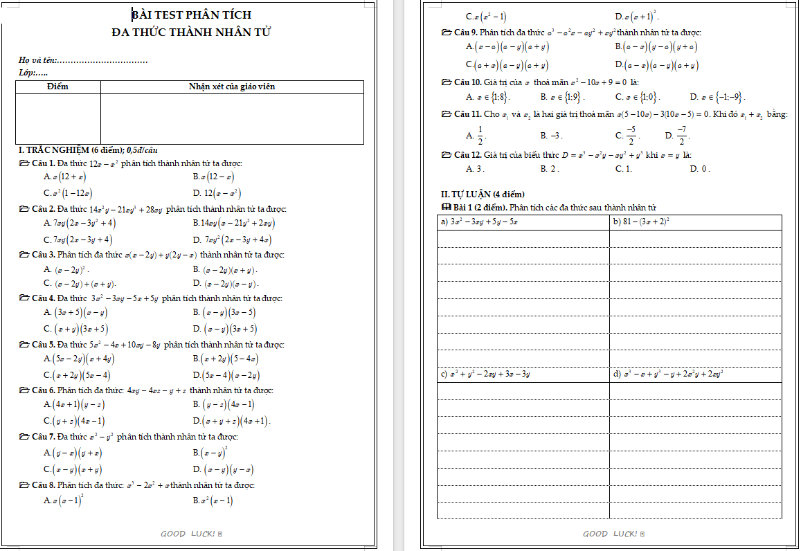 Bài kiểm tra phân tích đa thức thành nhân tử