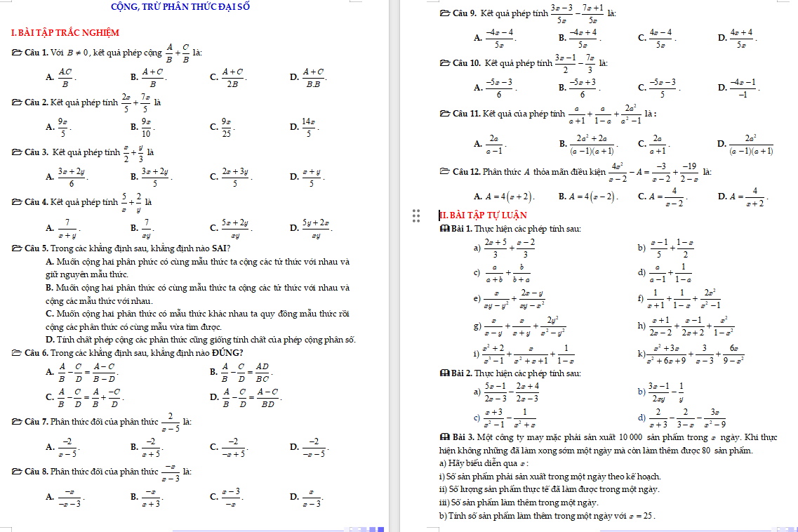 Cộng, trừ phân thức đại số